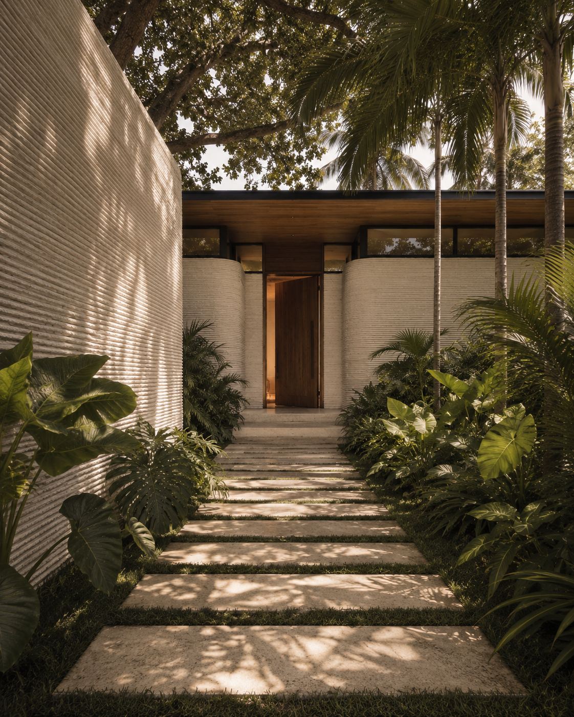 Oak Residence, entry path through tropical landscaping